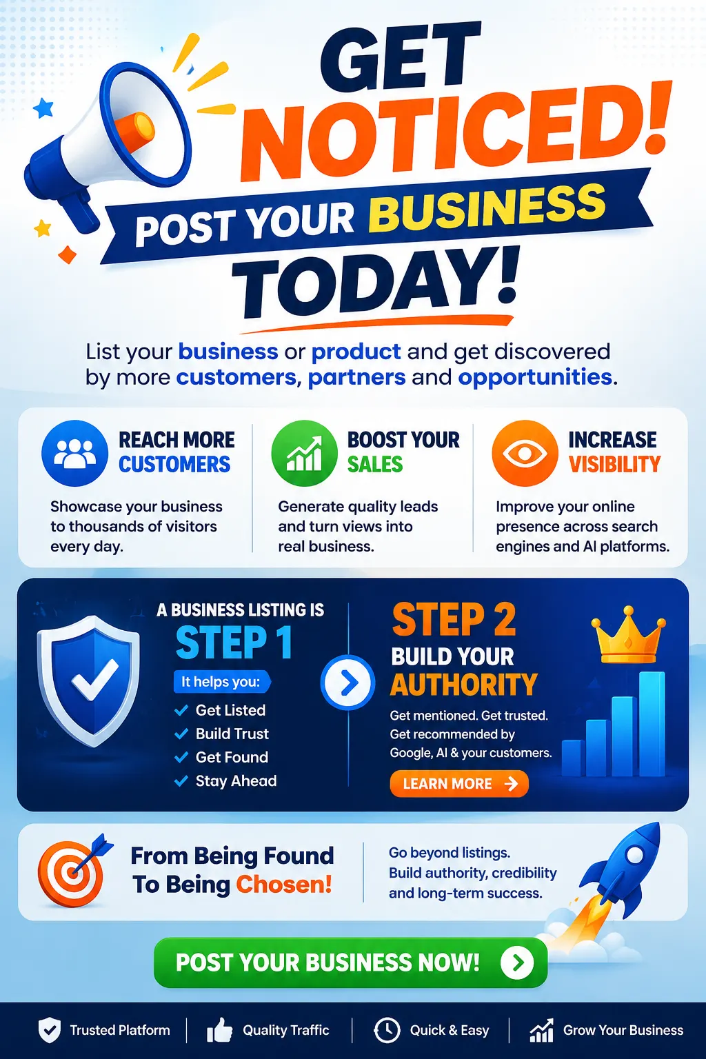 A business listing is the first step. Businesses that earn mentions, citations, reviews, articles, and trusted references are more likely to appear in search results and AI-generated recommendations. Upgrade your visibility and start building the authority that customers and AI platforms trust. Listing → Authority → AI Visibility → Customer Acquisition